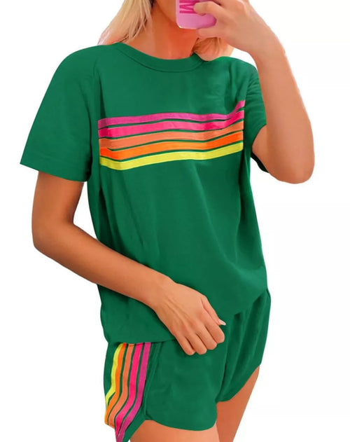 Rainbow Striped Round Neck Top and Shorts Set