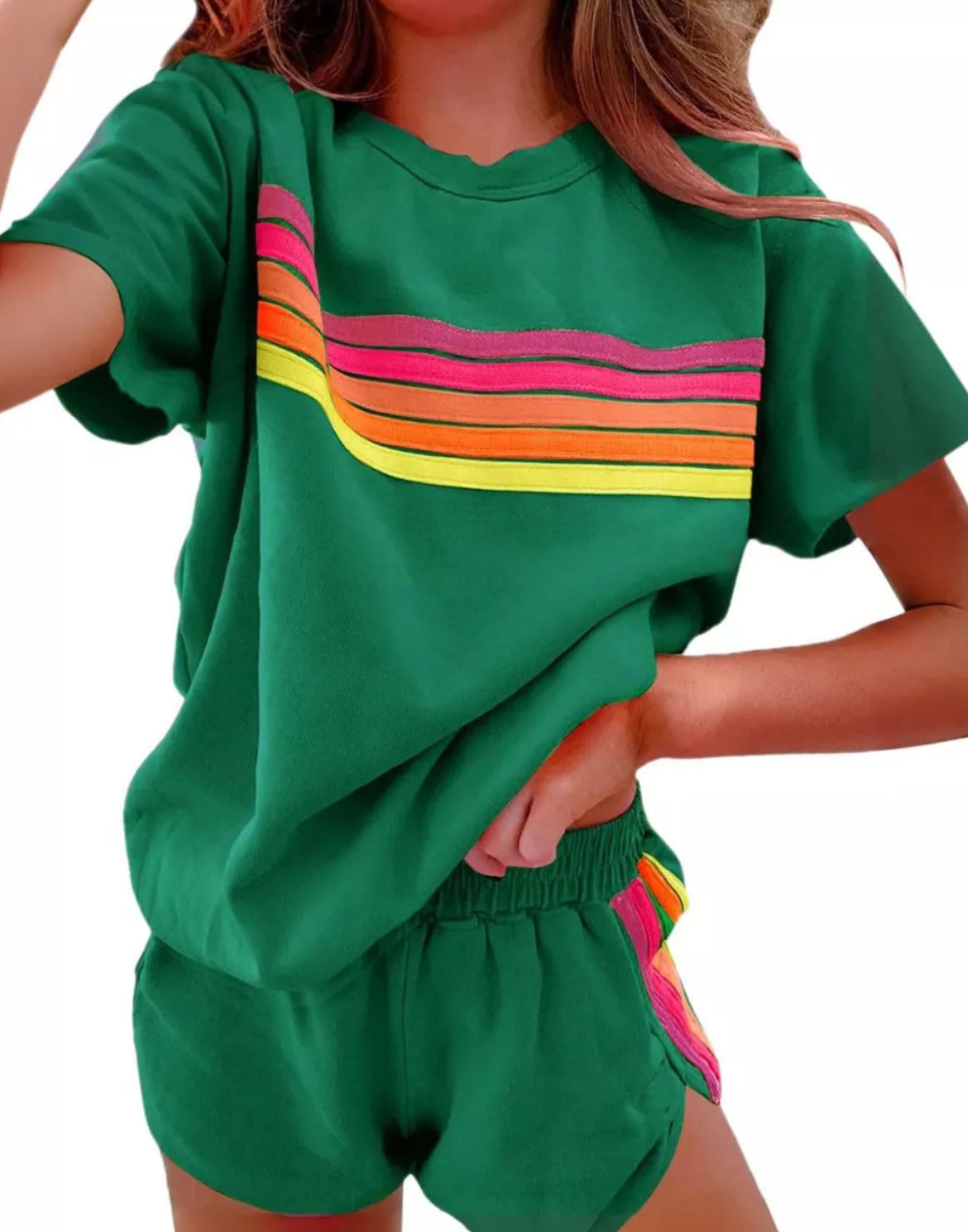 Rainbow Striped Round Neck Top and Shorts Set